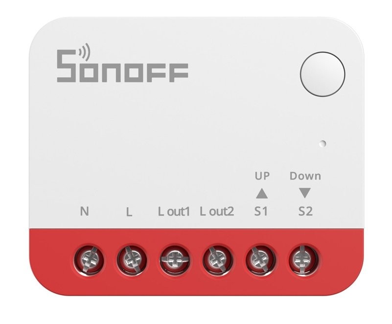 Sonoff MINI-ZBRBS - bezprzewodowy przełącznik WiFi SONOFF MINI-ZBRBS – inteligentny przełącznik ZigBee, biało-czerwony design, wejścia N/L i wyjścia L out1/L out2.