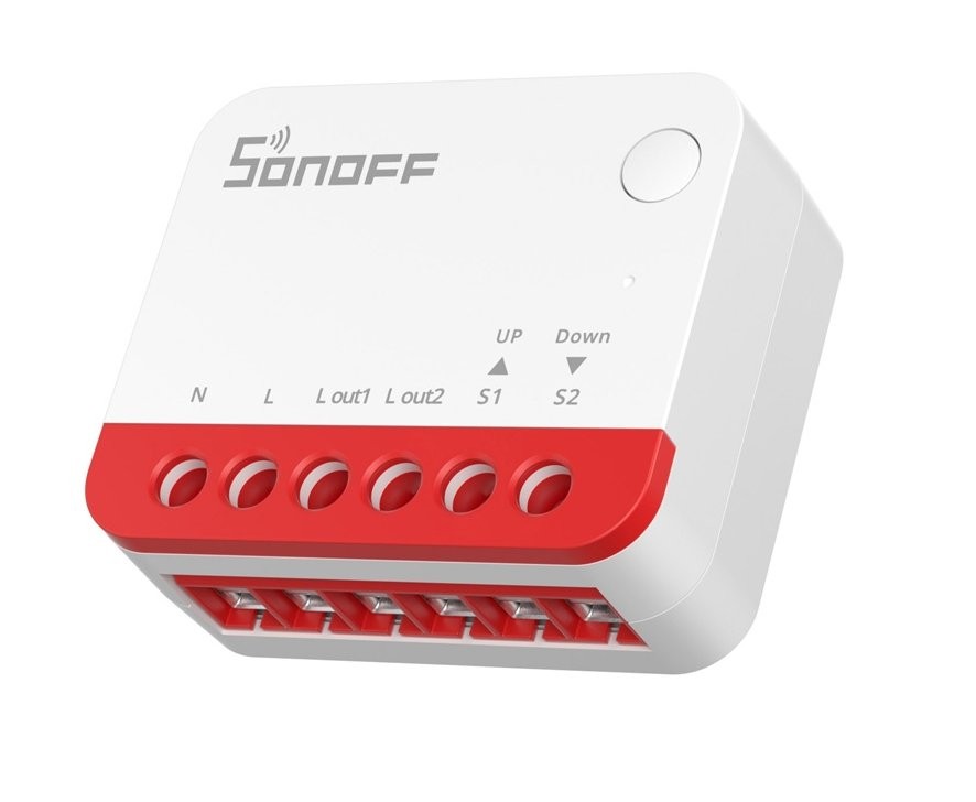 Sonoff MINI-ZBRBS - Inteligentny przełącznik ZigBee Sonoff MINI-ZBRBS – inteligentny przełącznik ZigBee, biało-czerwony design, oznaczenia terminali i przyciski nawigacyjne.