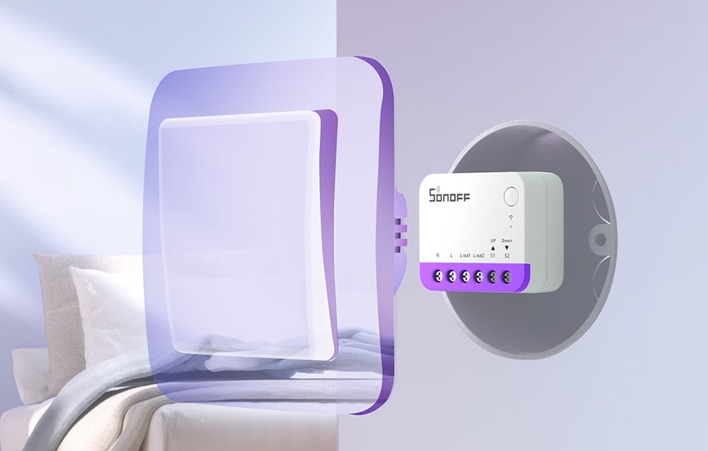 Sonoff MINI-RBS – inteligentny przełącznik WiFi SONOFF MINI-RBS - inteligentny przełącznik WiFi do LED, biało-fioletowy przekaźnik z klawiszami sterującymi. Sterowanie oświetleniem.