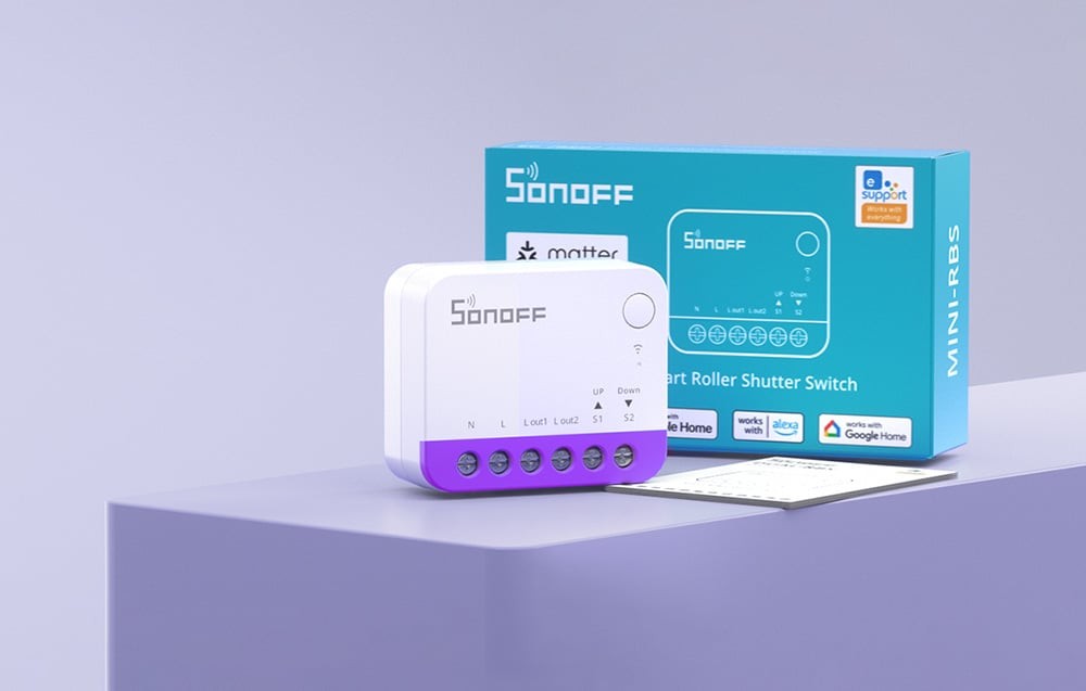 SONOFF MINI-RBS - smart switch do rolet SONOFF MINI-RBS – inteligentny przełącznik WiFi do rolet. Sterowanie głosowe, kompatybilność Matter, Apple HomeKit, Alexa, Google Home.