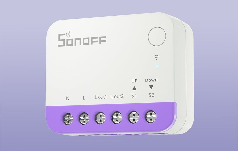 SONOFF MINI-RBS - Inteligentny Przełącznik WiFi SONOFF MINI-RBS – inteligentny przełącznik WiFi, biało-fioletowy design, przyciski sterowania i terminale.