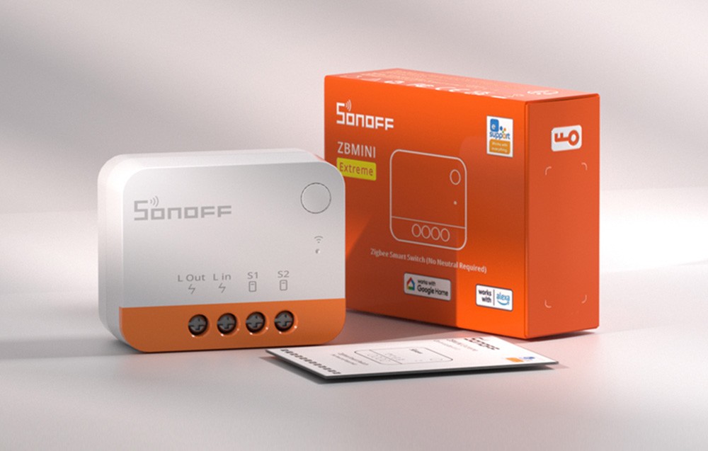 Sonoff ZBMINI Extreme - inteligentny przełącznik Zigbee SONOFF ZBMINIL2 – inteligentny przełącznik ZigBee, biało-pomarańczowy design, kompatybilność Google Home i Alexa.