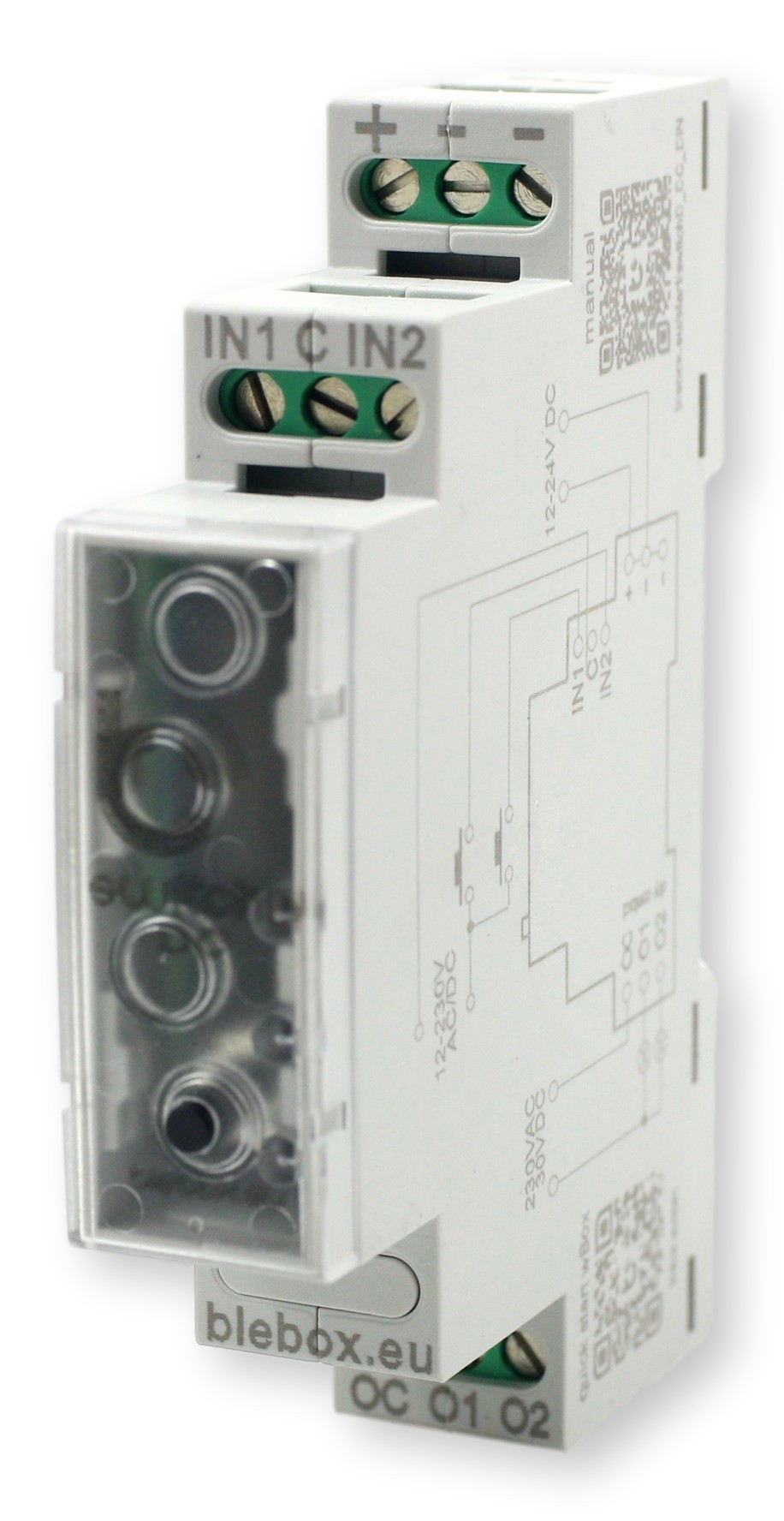 BleBox switchBoxD DC DIN - przemysłowy przełącznik zasilania z pokrywą ochronną, schematem i oznaczeniami IN1/IN2.