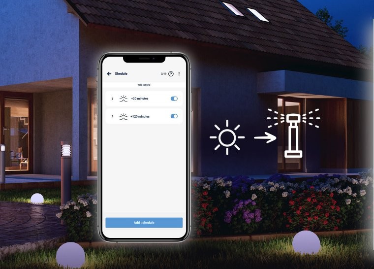 BleBox switchBoxD DC DIN - smartfon sterujący oświetleniem ogrodowym, aplikacja do planowania czasu świecenia.