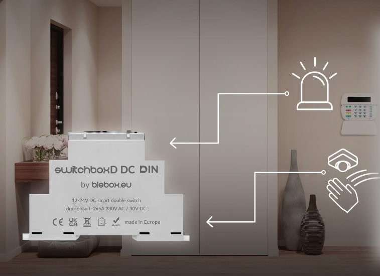 switchBoxD DC DIN – dwukanałowy przełącznik blebox.eu do sterowania alarmem/kamerą, montaż w ścianie. Zasilanie 12-24V DC.