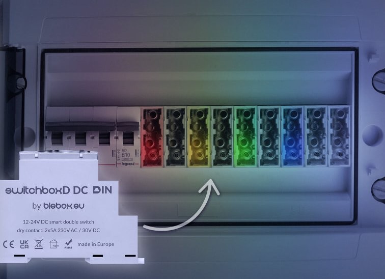SwitchBoxD DC DIN od blebox.eu – smart switch do montażu w szafie, 12-24V DC, 2x5A, certyfikowany produkt z Europy.