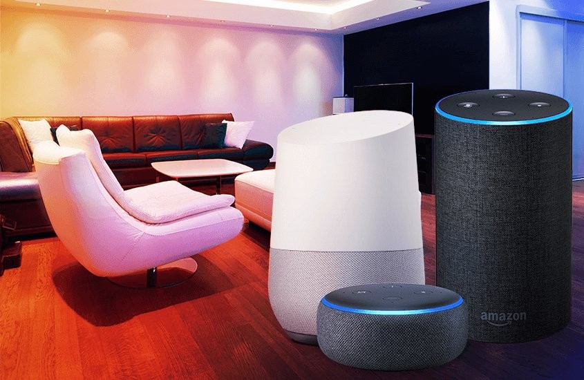 Inteligentne głośniki Google Home, Amazon Echo i Echo Dot w salonie - idealne do inteligentnego domu BleBox switchBox LIGHT.