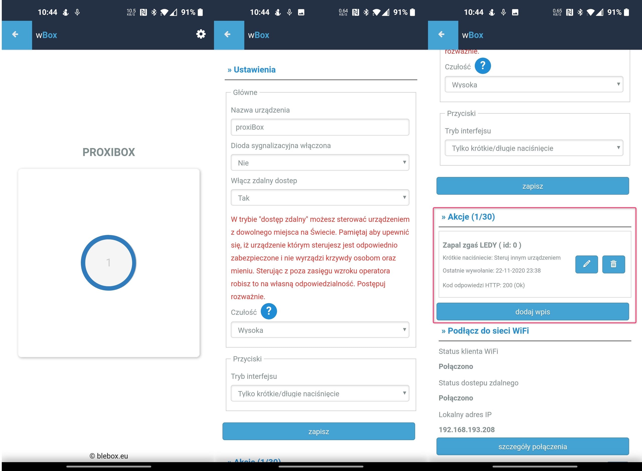 BleBox proxiBox - interfejs aplikacji mobilnej wBox do zarządzania ustawieniami i akcjami