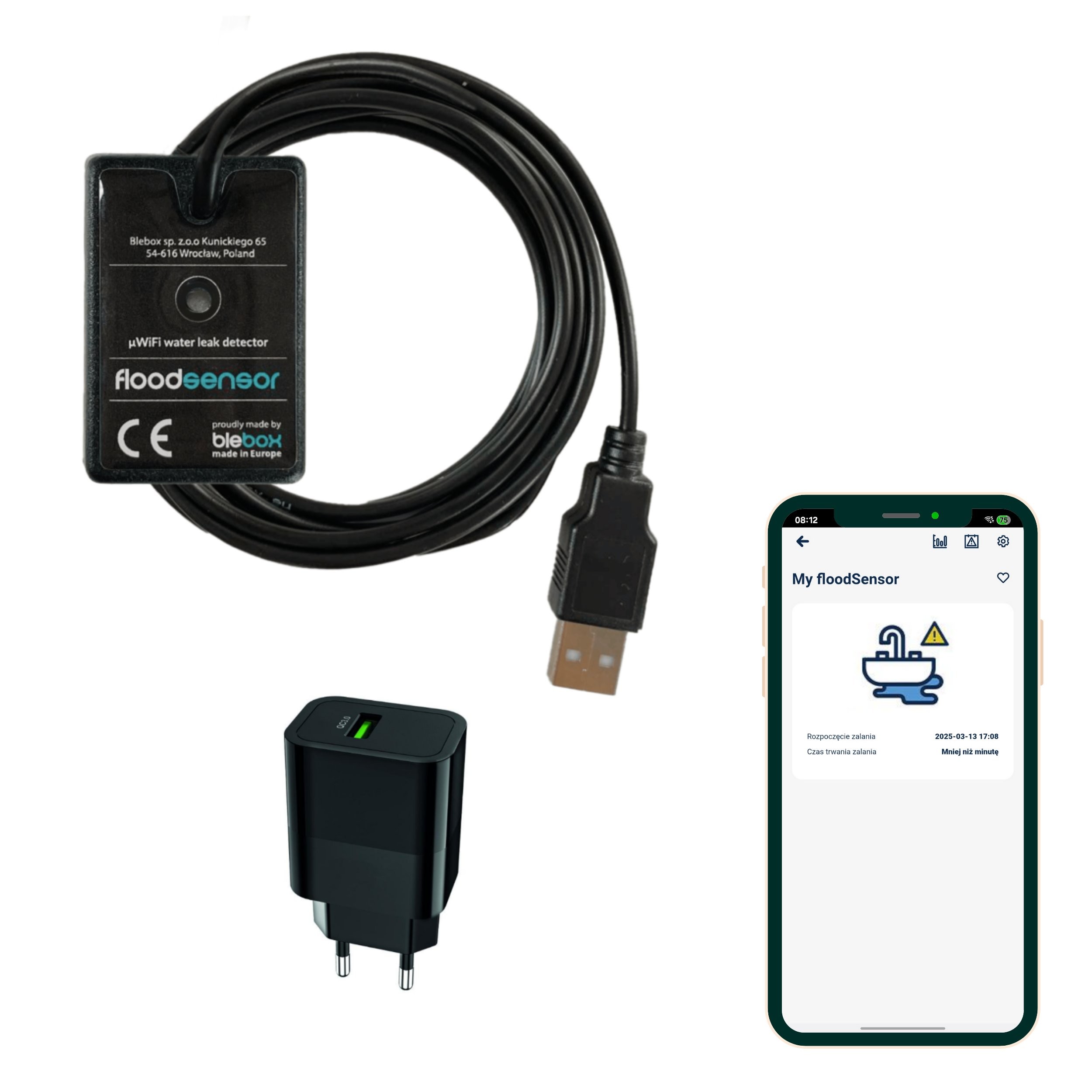 Czujnik wody BleBox floodSensor z napisem 'floodsensor' i 'µWiFi water leak detector', podłączony do zasilacza USB-C oraz aplikacja na telefonie pokazująca ostrzeżenie o zlewie