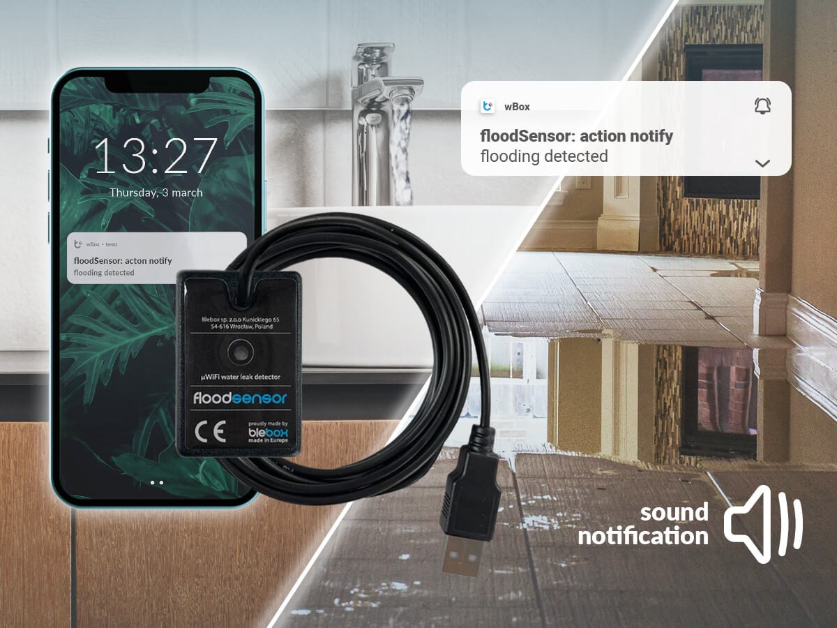 Czujnik wody BleBox floodSensor z wykrywaniem wycieków i powiadomieniami na telefon