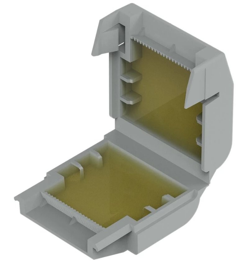 Gelbox seria 221 2x73 - widok wnętrza złącza RJ45 Złącznik sieciowy RJ45 w przekroju pokazujący wnętrze z izolowanymi przewodami