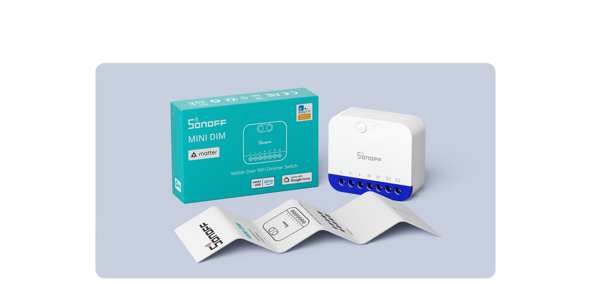 SONOFF MINI-DIM inteligentny sterownik ściemniacz WiFi Matter z turkusowym opakowaniem