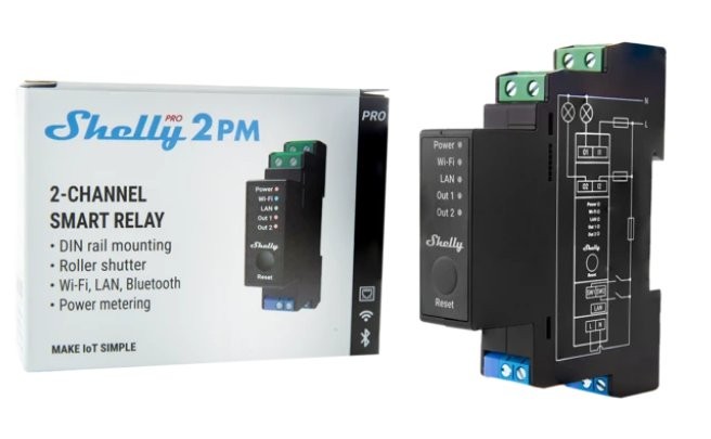 Shelly Pro 2PM - inteligentny relais w opakowaniu i samodzielnie z czarną obudową i funkcjami Wi-Fi, LAN, Bluetooth