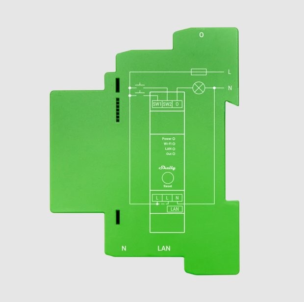 Shelly Pro Dimmer 1PM płyta główna Płyta PCB Shelly Pro Dimmer 1PM z portami, przyciskiem resetu i schematem podłączenia