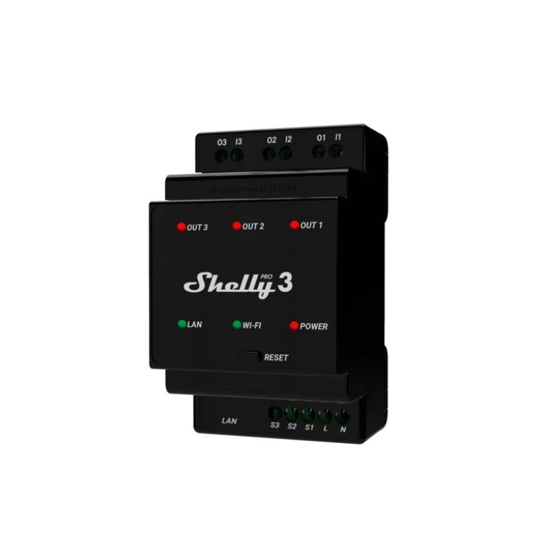 Shelly Pro 3 - sterownik WIFI 3-kanałowy, 16A każdy, bezprądowe styki, maks. 48A