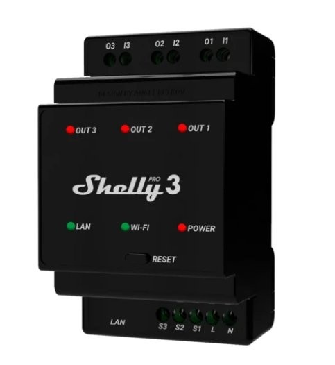Shelly Pro 3 - zdalny przełącznik sterowania z trzema wyjściami, LAN, WI-FI i przyciskiem resetu