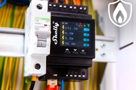 Shelly Pro 3 - panel sterujący z wyświetlaczem LED i ikonami przycisków