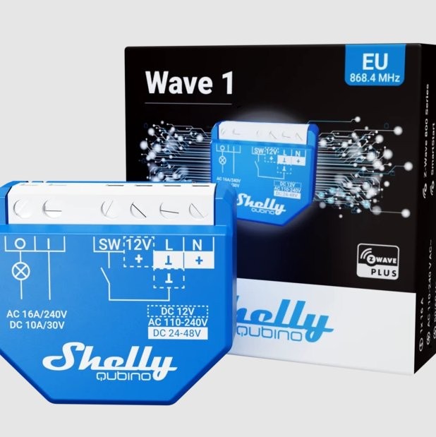 Shelly Qubino Wave 1 czarno-białe opakowanie Shelly Qubino Wave 1 - moduł do sterowania zasilaniem, niebieska obudowa