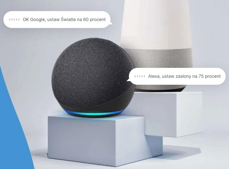 Google Nest Hub oraz Amazon Echo Dwa inteligentne głośniki: Google Nest Hub i Amazon Echo wraz z komunikatami głosowymi 'OK Google' i 'Alexa'
