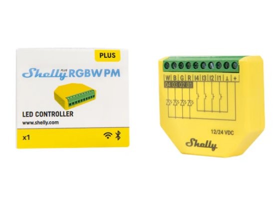 Shelly Plus RGBW PM kontroler LED Kontroler LED Shelly RGBW PM - żółty kontroler LED wraz z opakowaniem