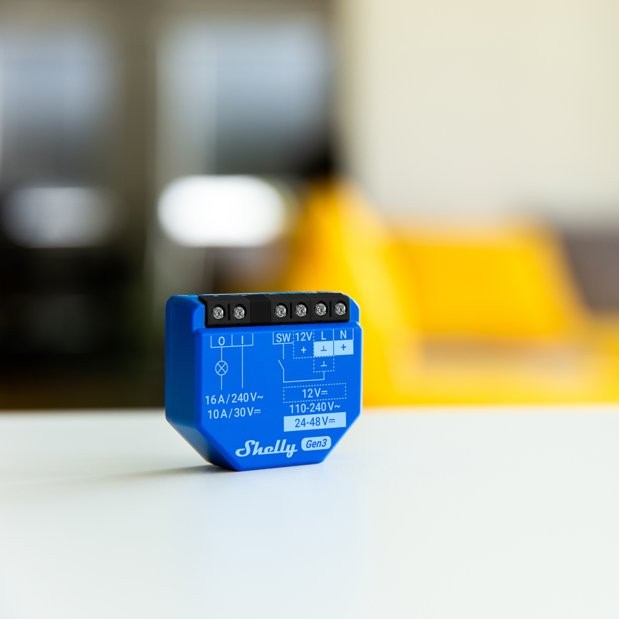 Shelly 1 Gen3 – przekaźnik Wi-Fi 16A/240V~ do inteligentnego domu, schemat podłączenia L, N, SW-12V.