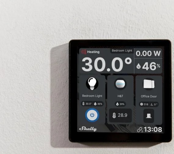 Shelly Wall Display - czarny wyświetlacz domowy z danymi o temperaturze, zużyciu energii i ustawieniach jasności