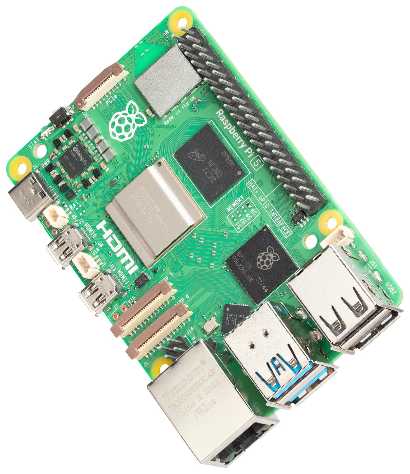 Raspberry Pi 5 - zielony płytkowy komputer z portami HDMI, USB oraz GPIO