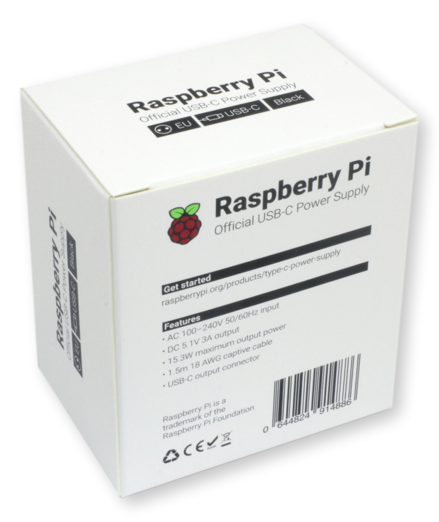 Raspberry Pi Zasilacz USB-C 5.1V 3A Zasilacz USB-C Raspberry Pi 4 - białe opakowanie z logo i cechami technicznymi