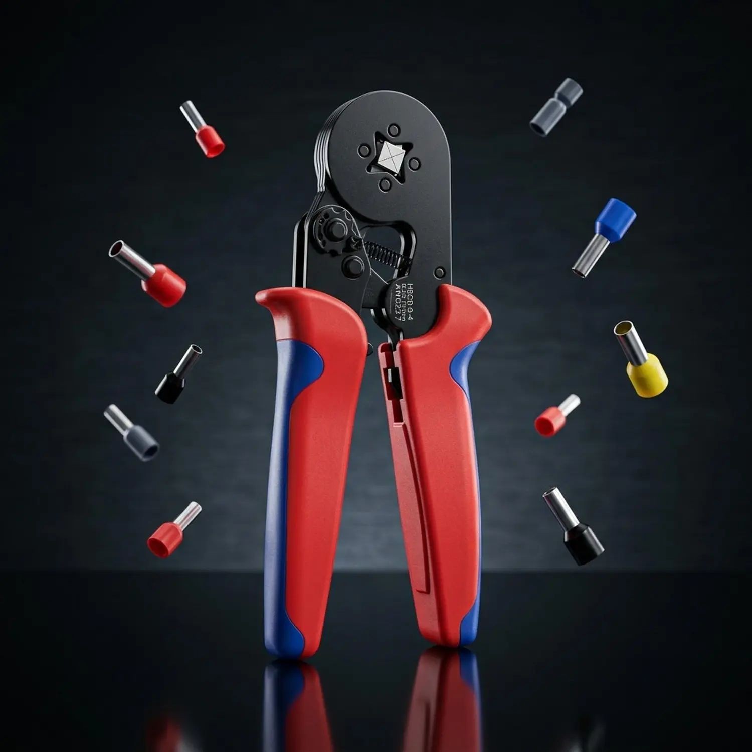 Czerwono-niebieskie nożyce do końcówek (crimping pliers) HBCB-0-4 wraz z różnokolorowymi tulejkami kablowymi