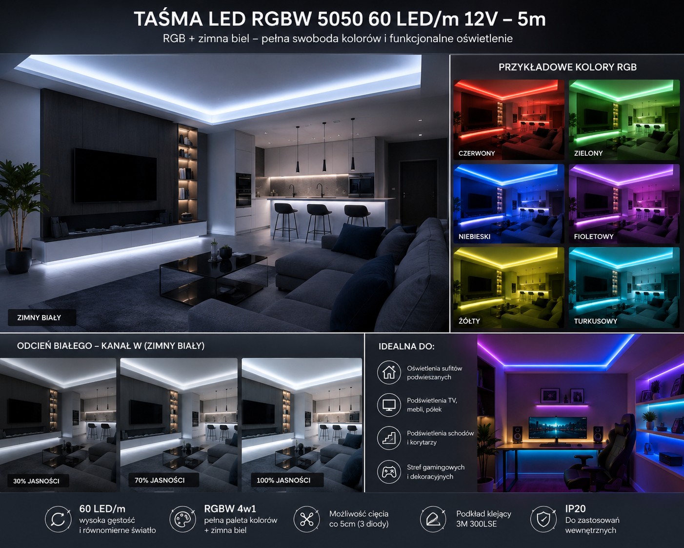 Taśma LED RGBW CW 5050 12V 5m Taśma LED RGBW 5050, 5m długości, 60 diod/m, pełna paleta kolorów