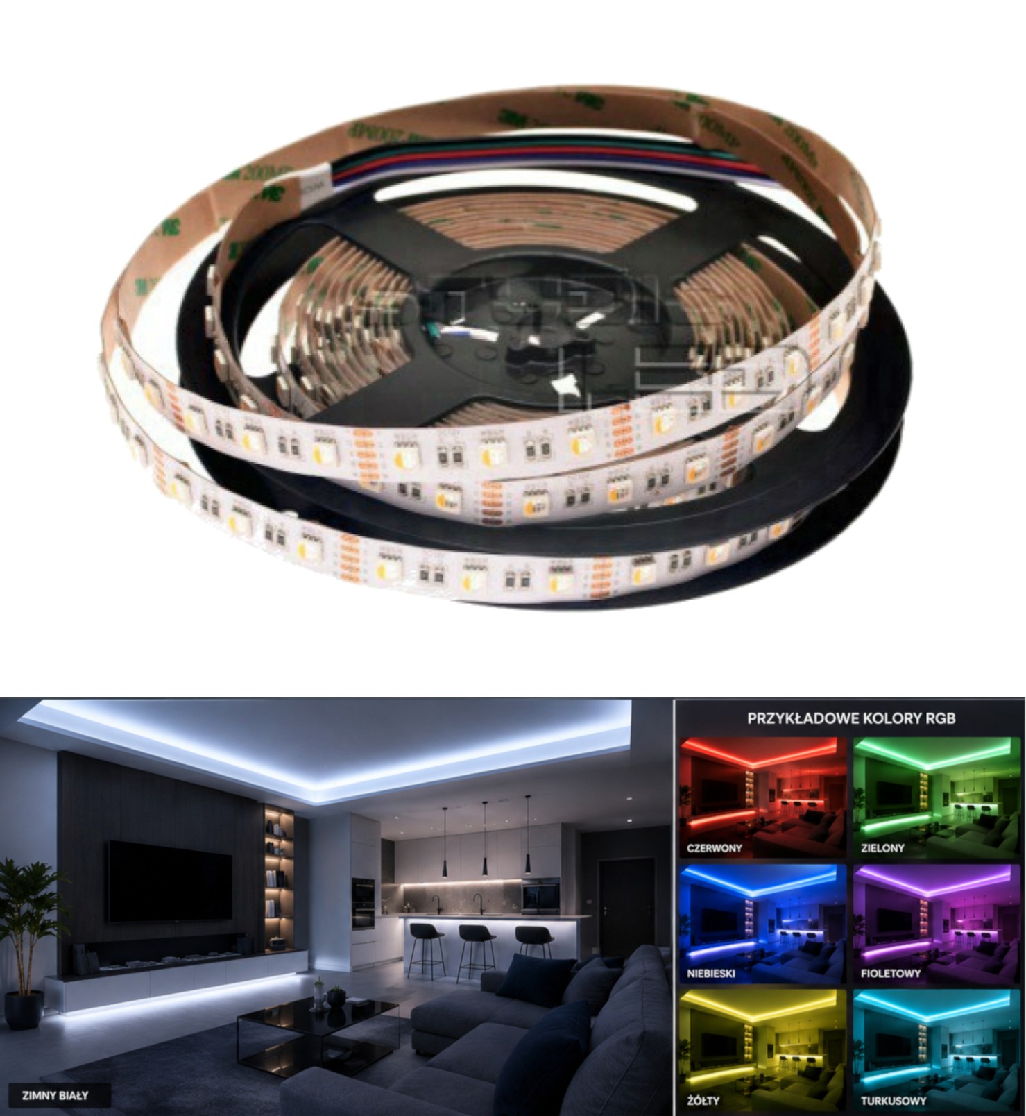 Taśma LED RGBW 5m Taśma LED RGBW CW 5050 60D/m 12V 5m - elastyczna taśma LED emitująca różne kolory światła