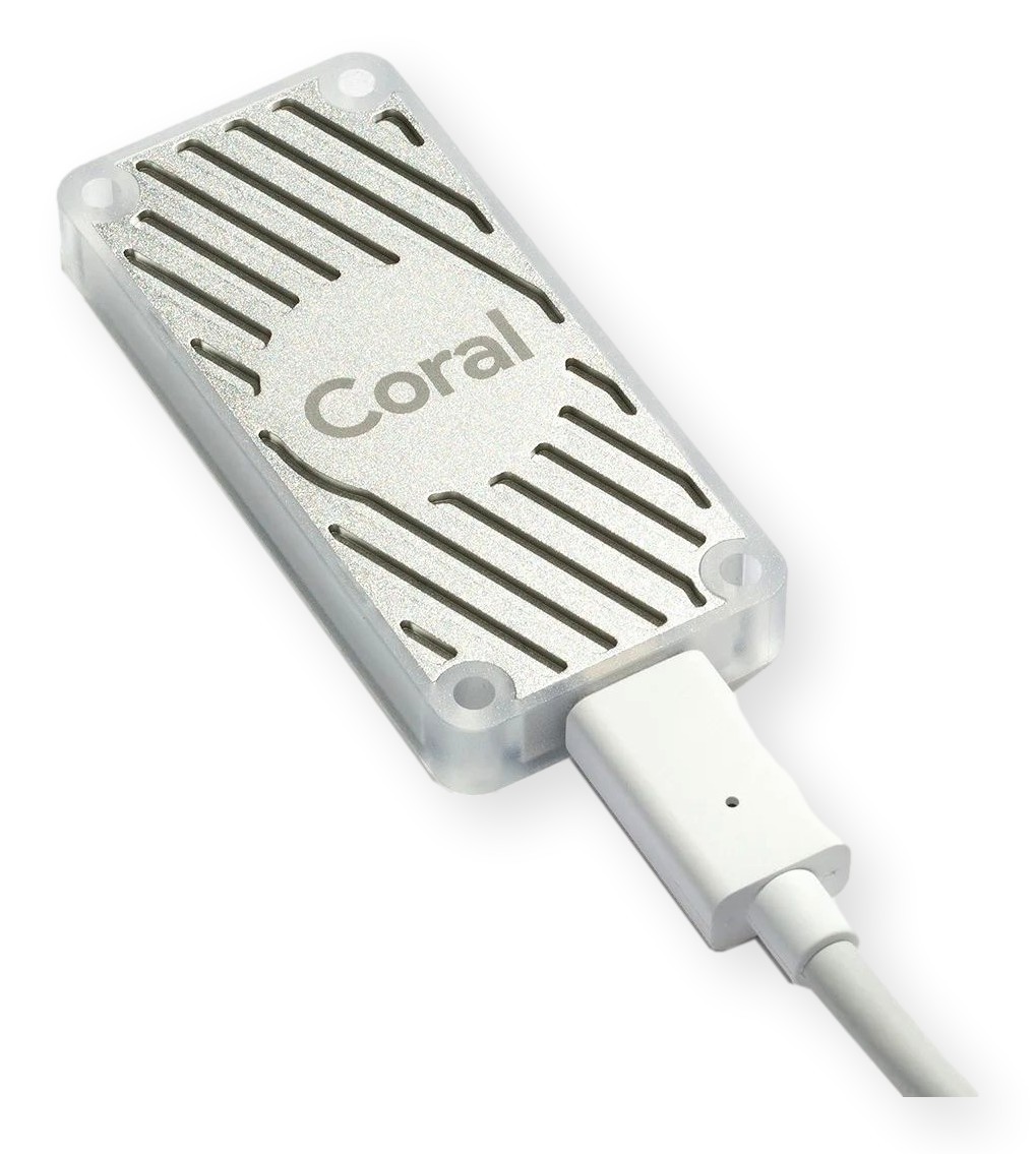 Coral USB Accelerator Edge TPU Google Coral USB Accelerator Edge TPU 4 TOPS AI moduł z przezroczystą obudową i wypustkami chłodzącymi