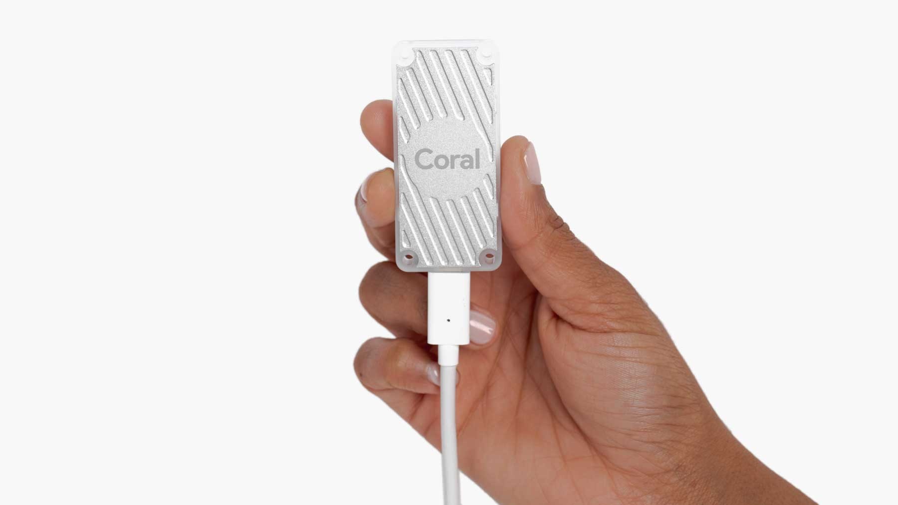 Google Coral USB Accelerator Edge TPU 4 TOPS AI Moduł Google Coral USB Accelerator Edge TPU 4 TOPS AI, mały srebrny moduł z metalową obudową i kabelem USB-C