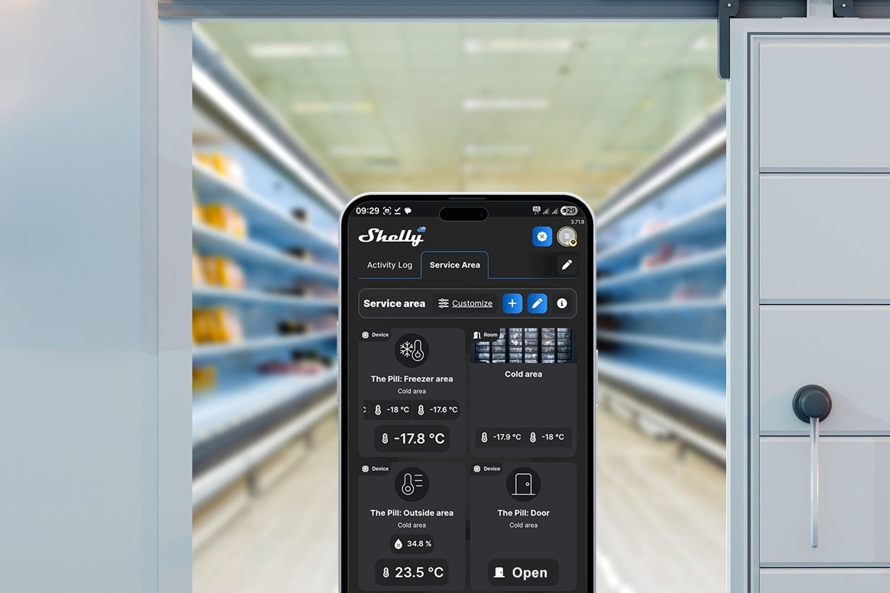 Shelly The Pill aplikacja na telefonie Shelly The Pill - moduł WiFi BT USB-C do automatyzacji systemów niskonapięciowych z czujnikami temperatury i wilgotności
