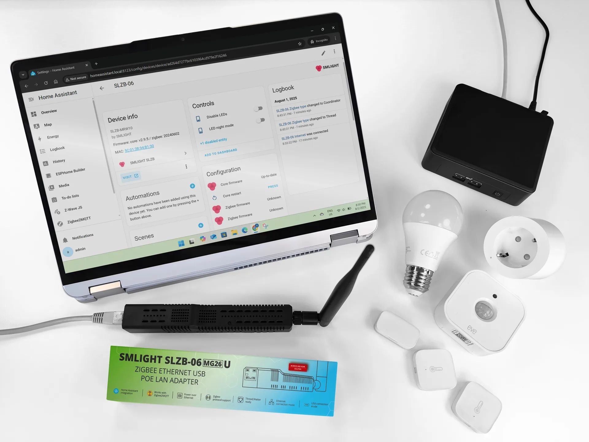 SMLIGHT SLZB-06Mg26U - Koordynator Zigbee USB LAN PoE Zestaw urządzeń IoT wraz z adapterem Zigbee Ethernet USB SMLIGHT SLZB-06Mg26U, czujnikami i żarówką