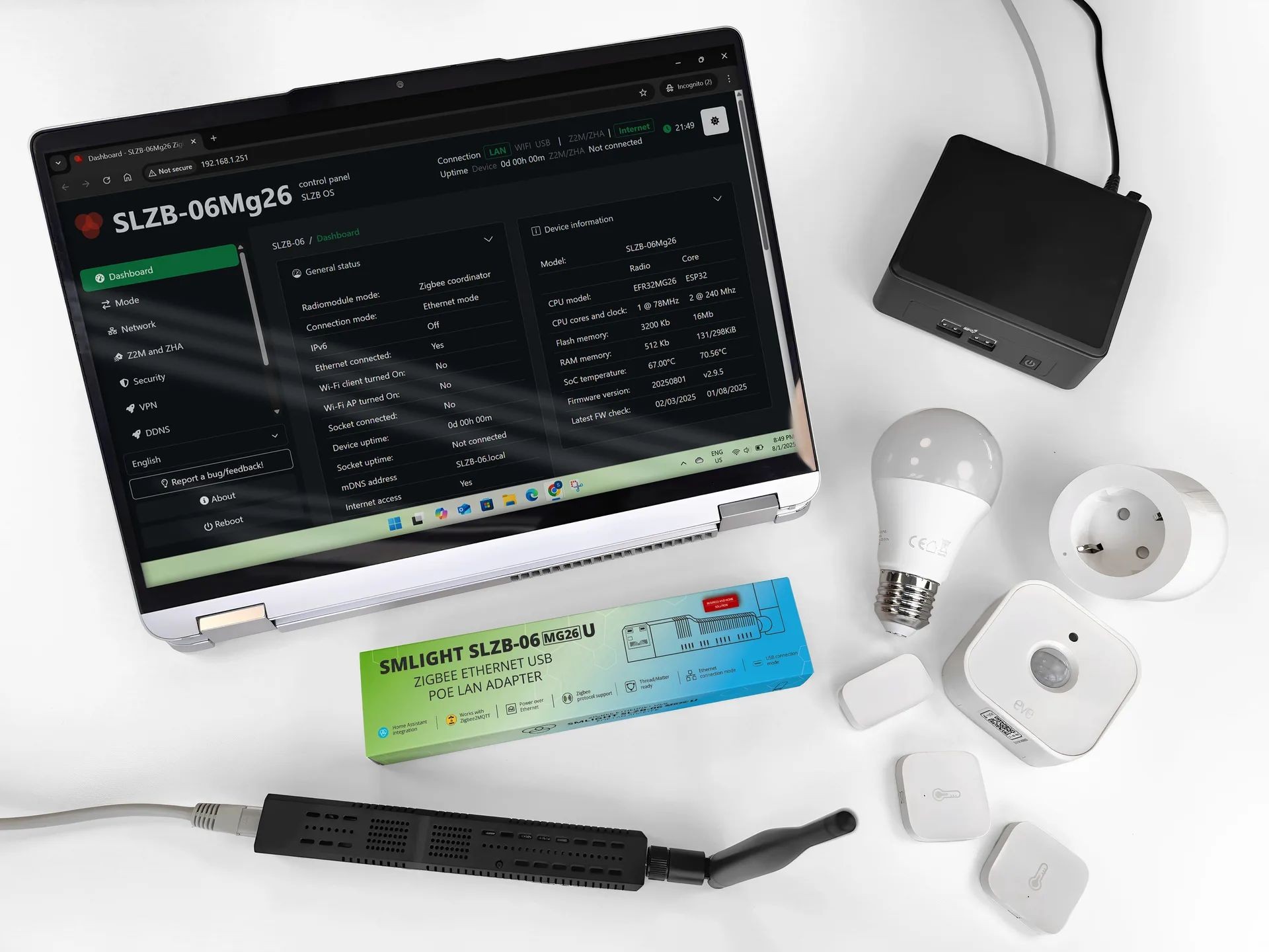 SMLIGHT SLZB-06Mg26U Koordynator Zigbee USB LAN PoE Zestaw urządzeń IoT wraz z koordynatorem Zigbee SLZB-06Mg26U i czujnikami, idealny dla systemów inteligentnego domu