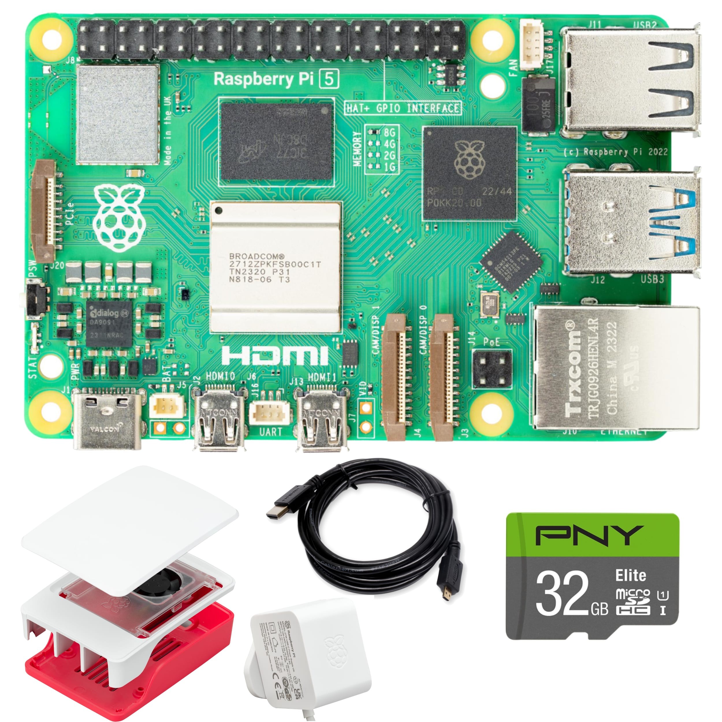 Zestaw Raspberry Pi 5 wraz z dodatkami: karta pamięci microSD, kabel HDMI, zasilacz i chłodzący kryt