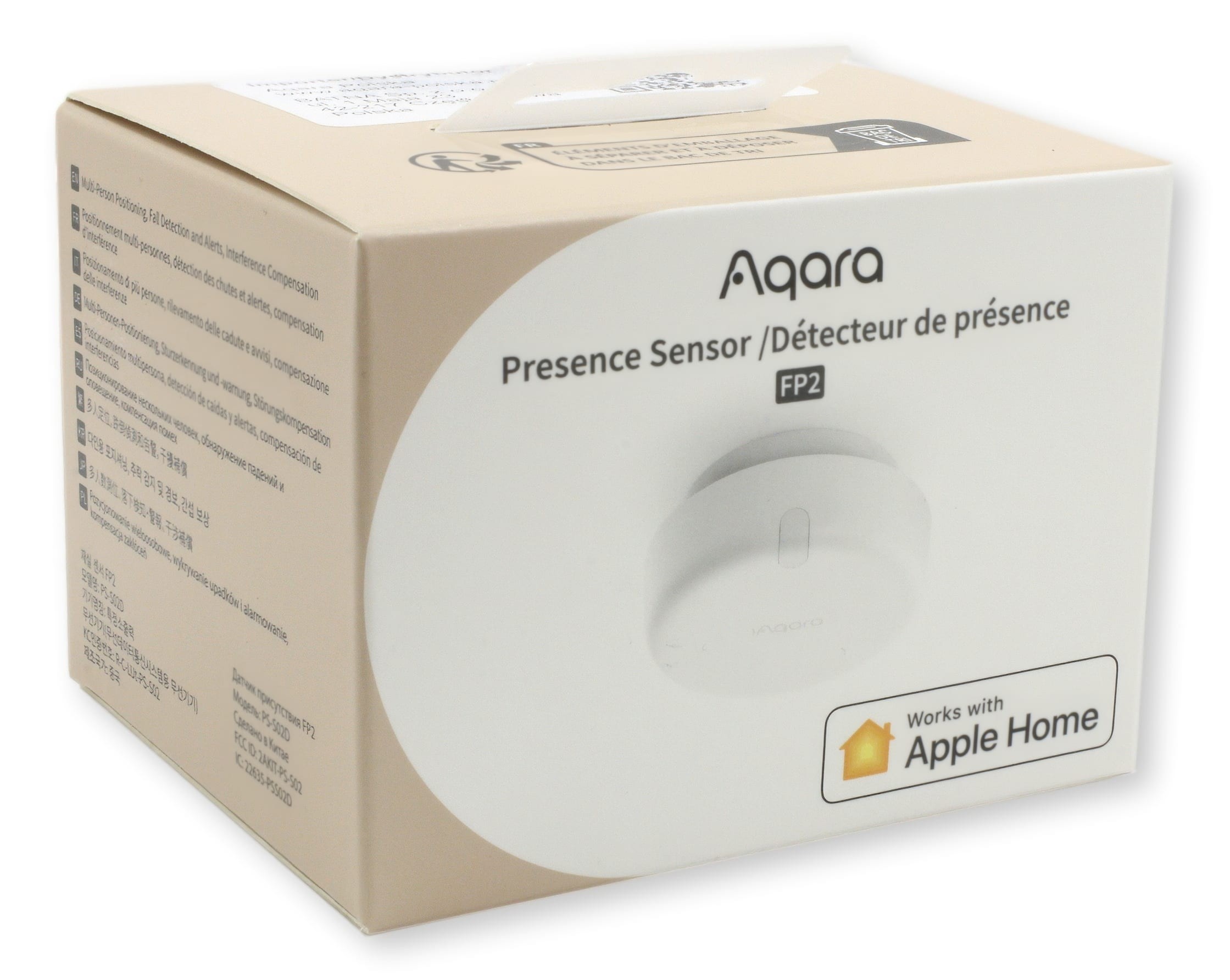 Czujnik obecności Aqara Presence Sensor FP2 w opakowaniu, przedstawiający urządzenie oraz informację o kompatybilności z Apple Home