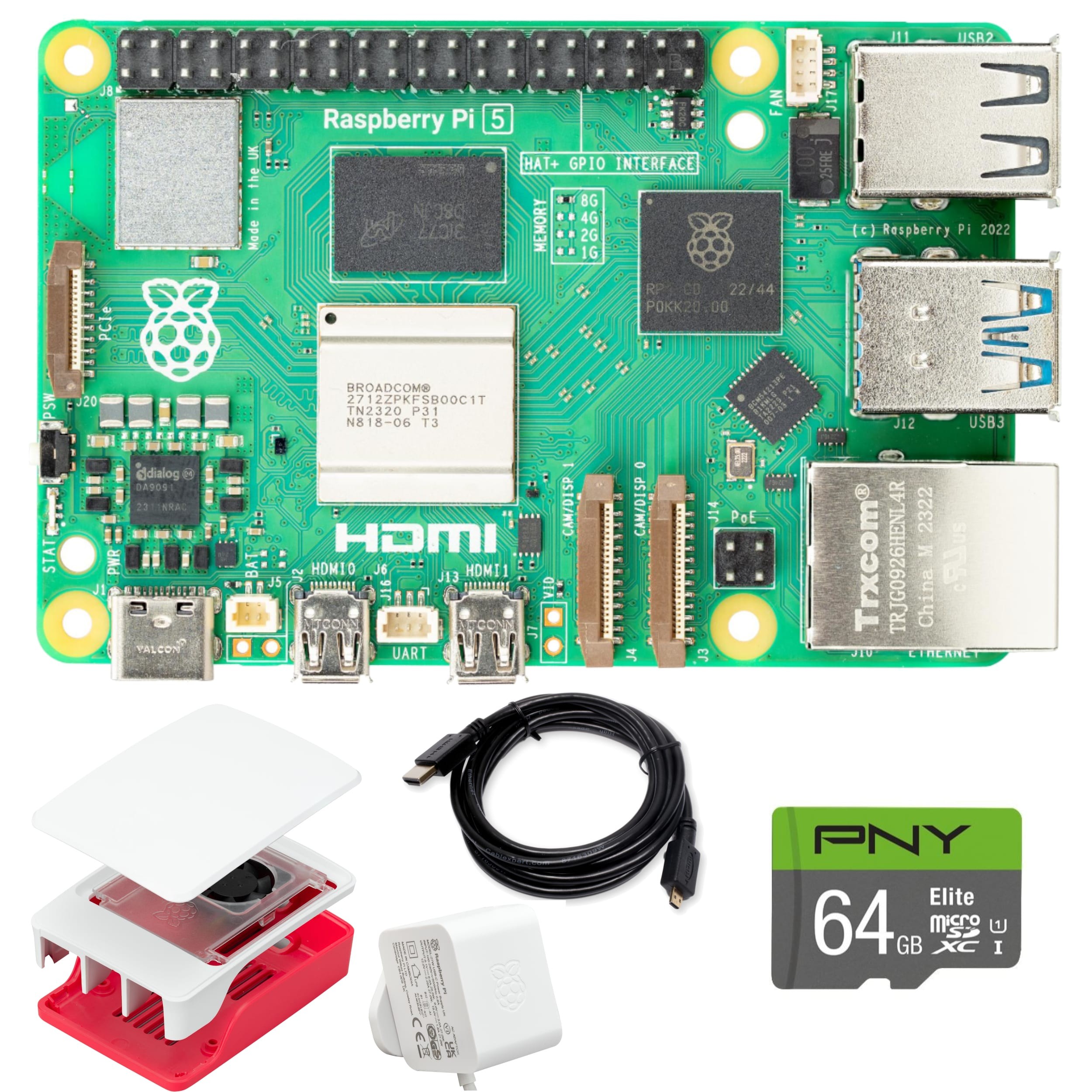 Zestaw Raspberry Pi 5 z płyta główna zielona, akcesoria: kabel HDMI, karta SD 64 GB, zasilacz, chłodzenie