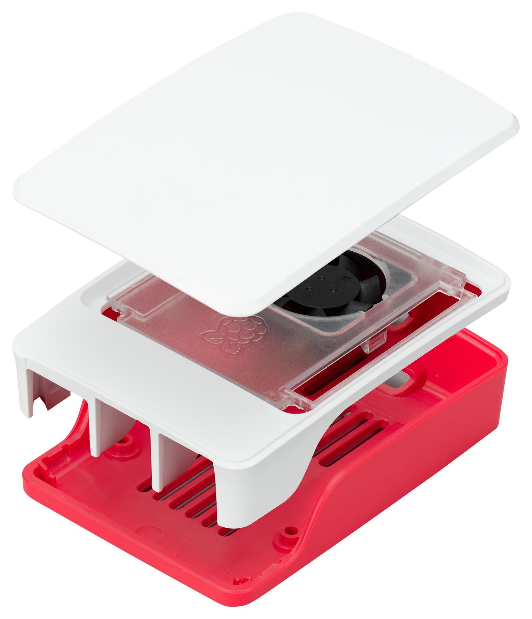 Chłodzący klosz do komputera Raspberry Pi 5 - czerwony i biały, z wentylatorem
