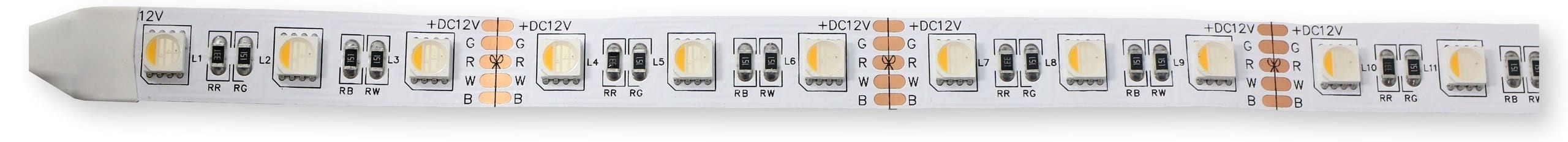 Taśma LED RGB 12V 5m Taśma LED RGBW 5050 60D/m 12V, kolorowe diody RGB oraz białe (W), oznaczenia L1, L2, schemat połączeń