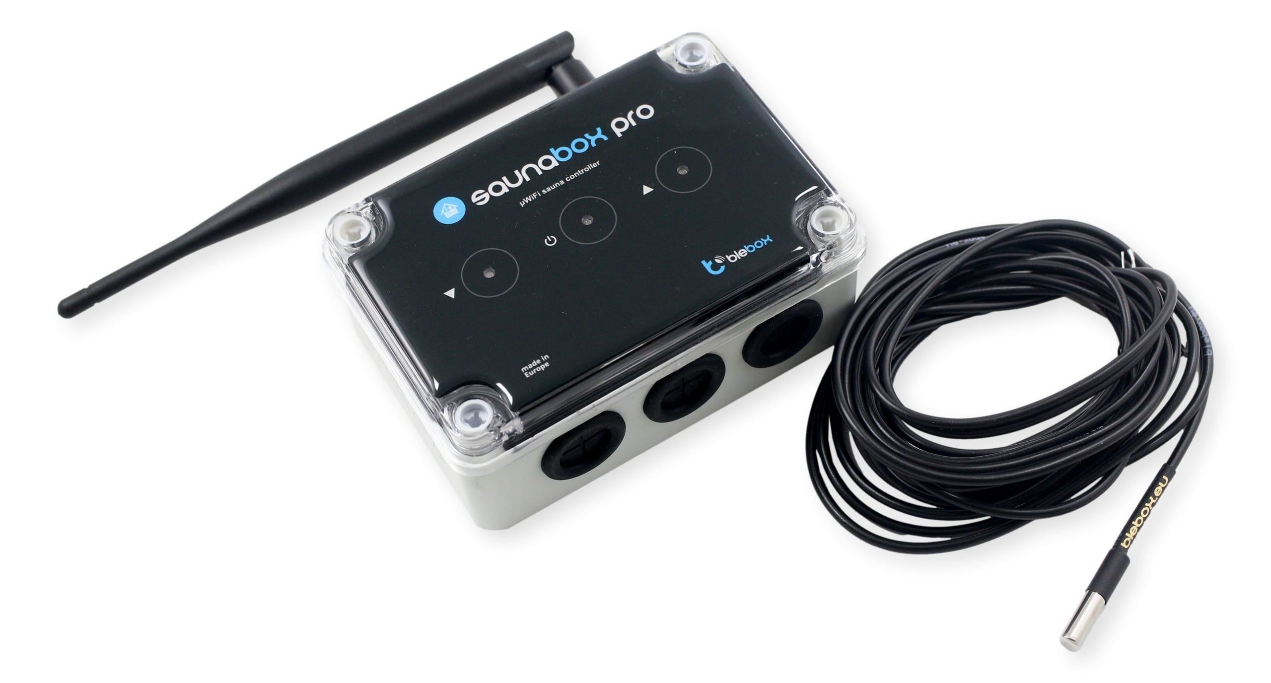 BleBox saunaBox Pro - kontroler saunowy Kontroler saunowy BleBox saunaBox Pro z czarną obudową i przyciskami sterującymi