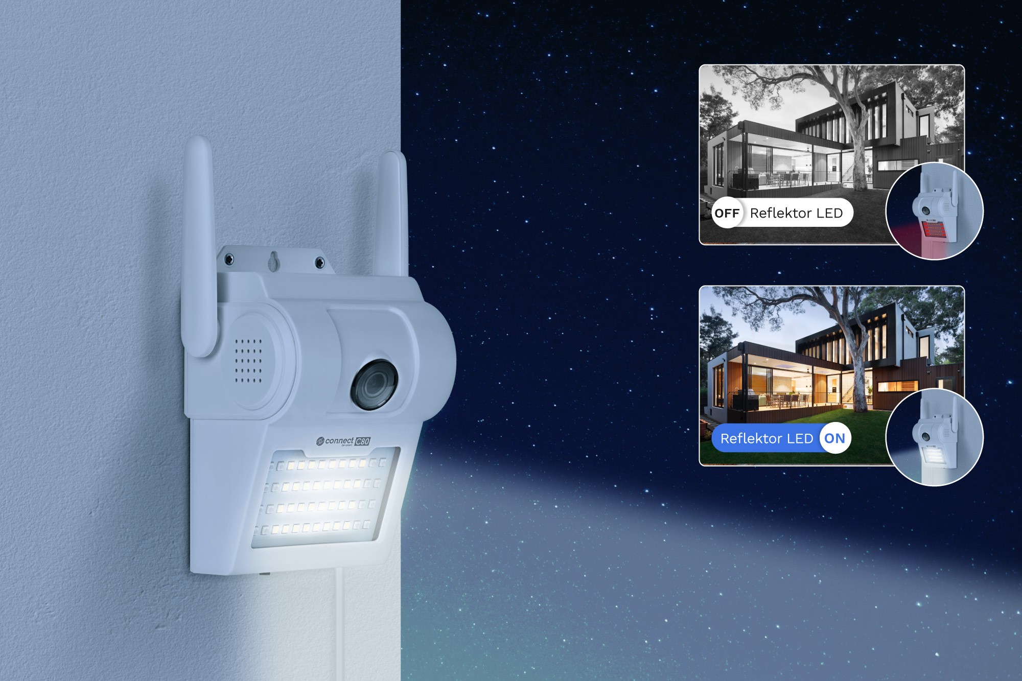 Kruger&Matz Connect C80 - Kamera zewnętrzna z LED Reflektorem Kamera Wi-Fi zewnętrzna Kruger&Matz Connect C80 Tuya - nadajnik CCTV z kamerą, lampą LED i funkcją automatycznego oświetlenia