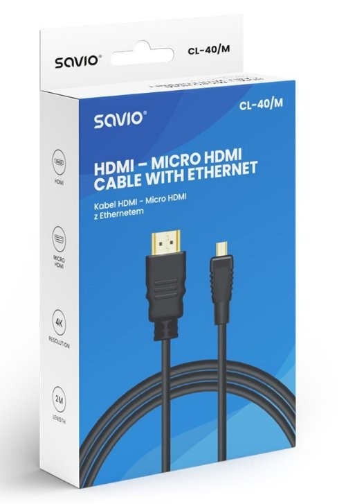 Savio CL-40/M kabel HDMI Micro HDMI 4K 2m z Ethernetem Kabel HDMI (M) - micro HDMI (M) 2m z Ethernetem marki Savio, model CL-40/M