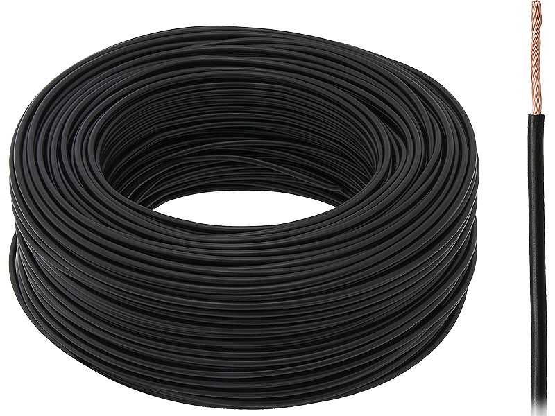 Czarny przewód elektryczny 1 x 0,5 mm², spiralnie zwinięty, długość 100m