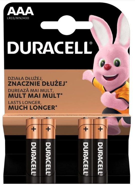 Duracell LR03 AAA - baterie AAA 4szt Baterie Duracell LR03 AAA - 4 sztuki w opakowaniu z uśmiechniętym królikiem