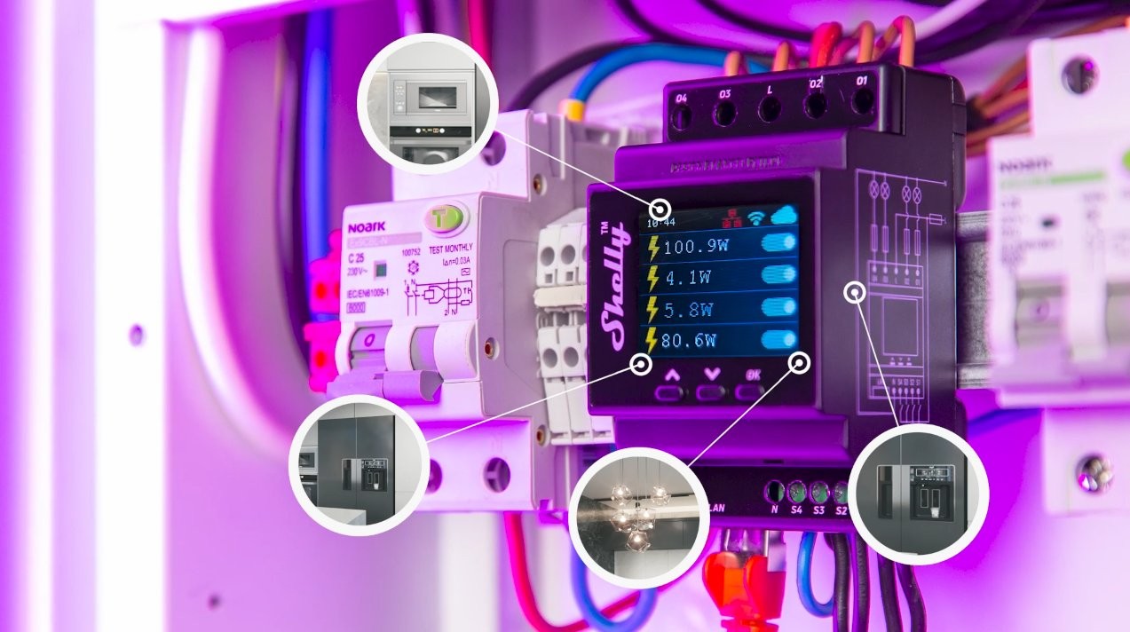 Shelly Pro 4PM V2 przełącznik inteligentny Shelly Pro 4PM V2 - przełącznik inteligentny z wyświetlaczem LCD sterujący urządzeniami domowymi