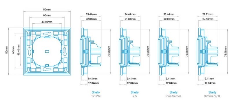 Oprawki do lamp elektrycznych Shelly WS 1 - BIALY Shelly WS 1 - BIALY: oprawki do lamp elektrycznych, różne modele (Shelly 1/1PM, Shelly 2.5, Shelly Plus Series, Shelly Dimmer2/1L) z rysunkami i wymiarami