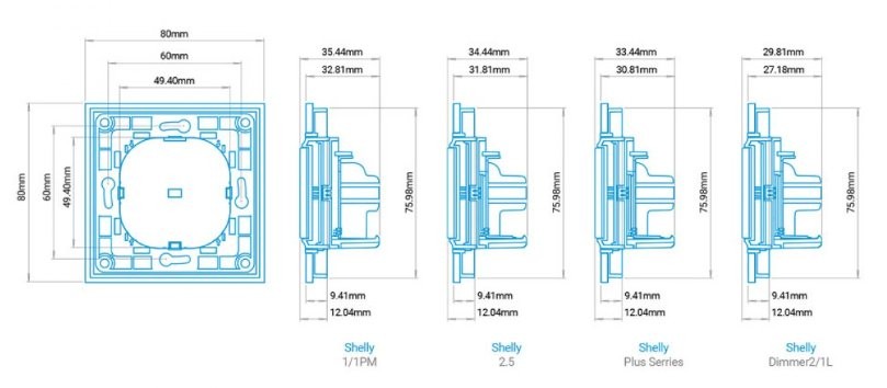 Rysunki techniczne czterech modeli przełączników i dimmerów Shelly: 1/1PM, 2.5, Plus Series i Dimmer2/1L