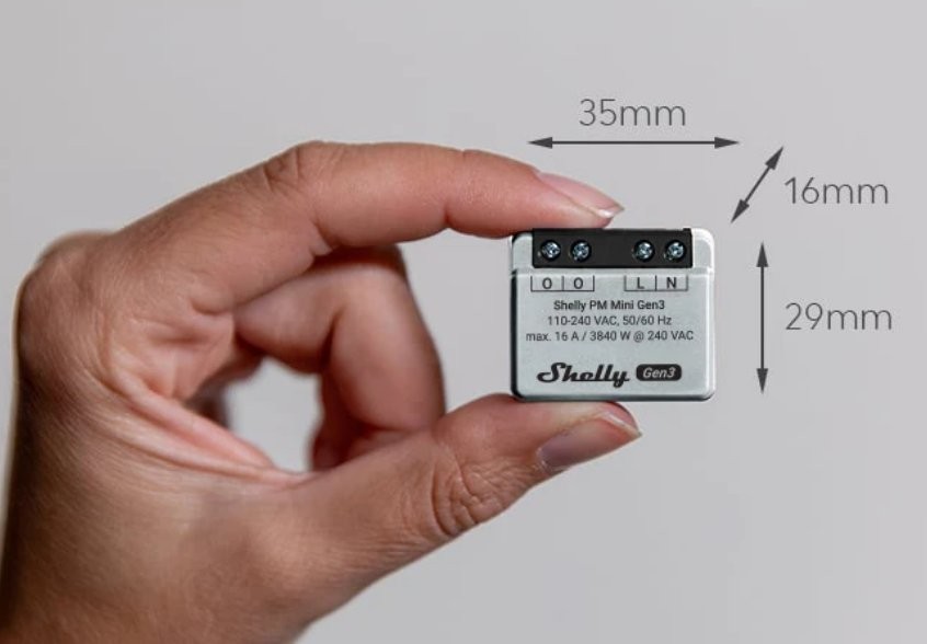 Shelly PM Mini Gen3 - moduł sterowania prądami o niskim zużyciu energii, 35mm x 29mm x 16mm